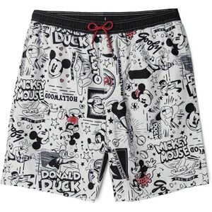 Disney Men’s White and Black Cartoon Print Swim Shorts with Red Drawcord